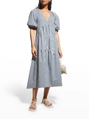 Frame Striped Puff Sleeve Midi Dress